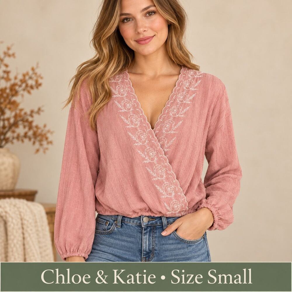 Chloe & Katie Blush Embroidered Wrap Blouse S